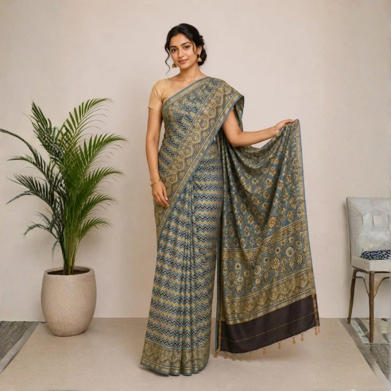 Ajrakh Chanderi Silk Natural Dye Hand Block Print Saree with Ajrakh Blouse Piece - 5.5 Mtr Length + 0.85 Mtr Blouse Piece - SKU : ID27904C