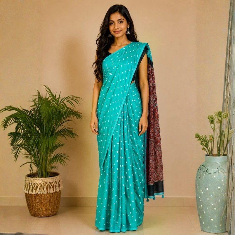 Bandhej [ Tie-Dye] Modal Silk Part Natural Dye Ajrakh Pallu Hand Block Print Saree With Ajrakh Blouse Piece - 5.5 Mtr Length - SKU : MS25601B