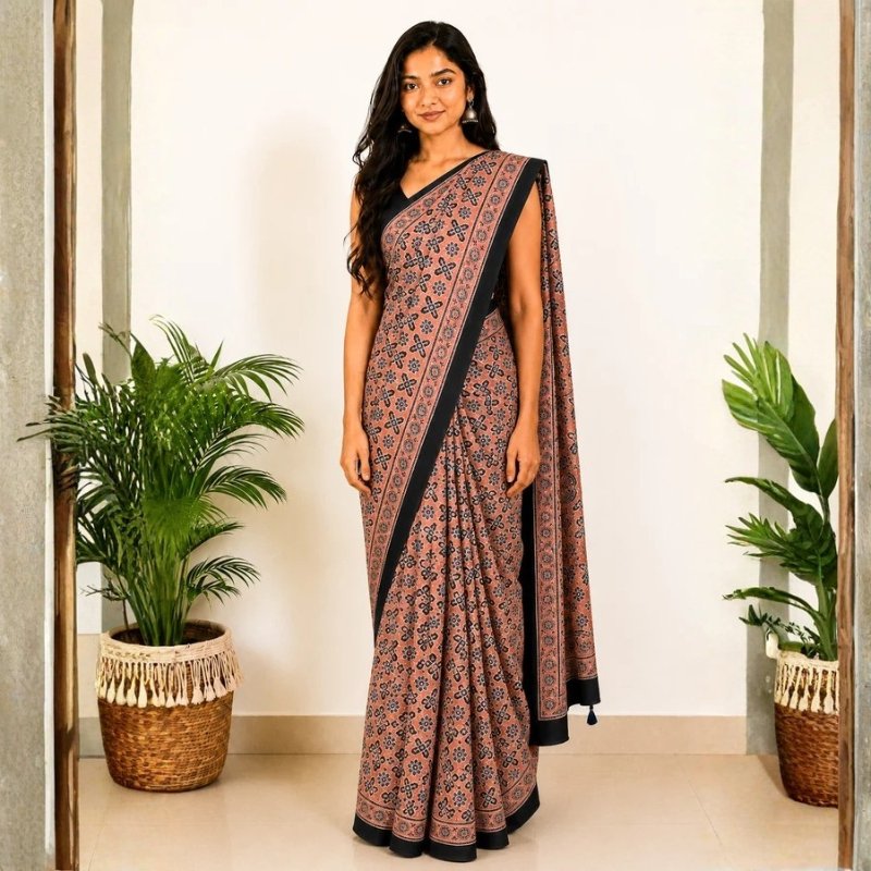 Ajrakh Modal Silk Natural Dye Hand Block Print Saree with Blouse Piece - 5.5 Mtr Length - SKU : MS09501D