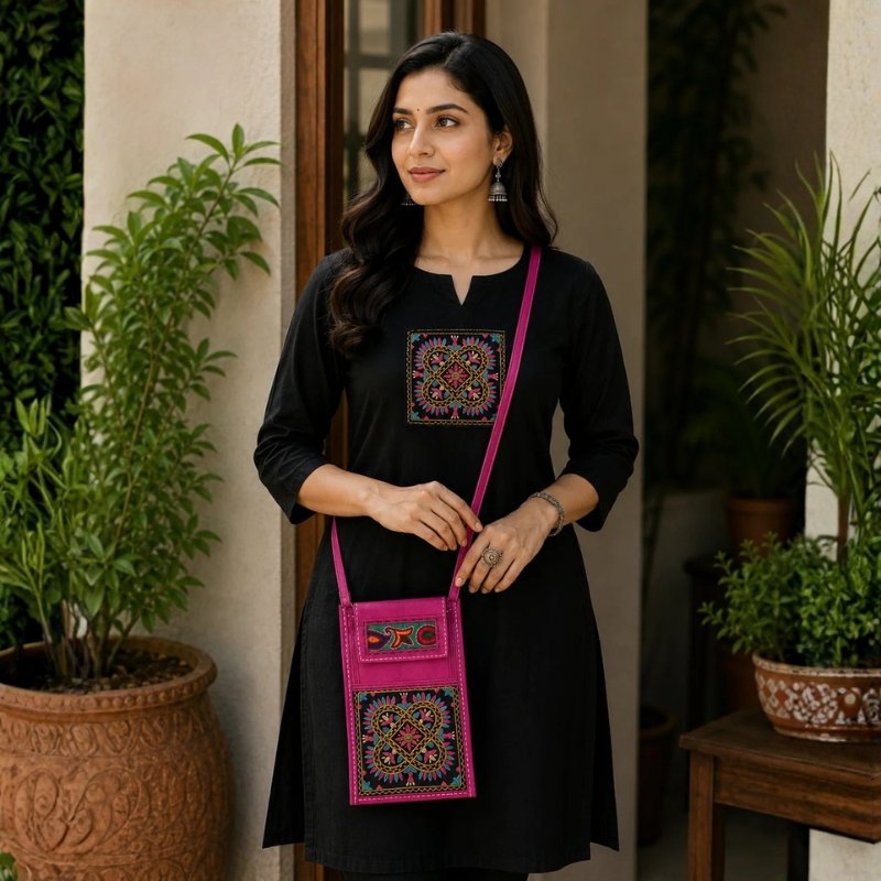 Ahir Work Pure Leather Leathercraft Hand Made Hand Embroidery Mobile Cover - 21 cms Height x - SKU : AB31A01D