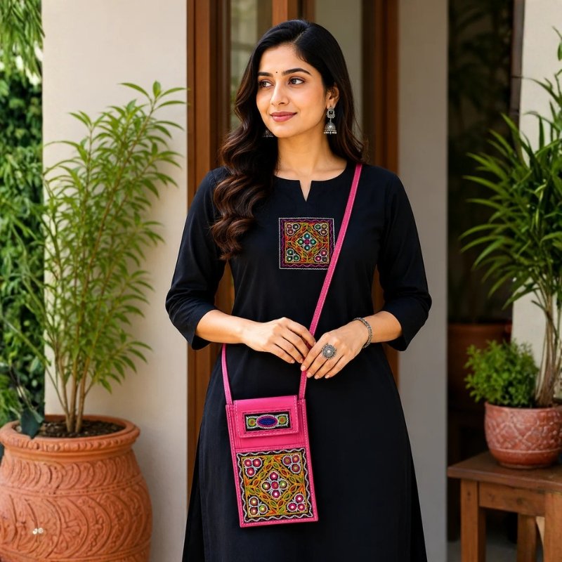 Ahir Work Pure Leather Leathercraft Hand Made Hand Embroidery Mobile Cover - 21 cms Height x - SKU : AB31A01B