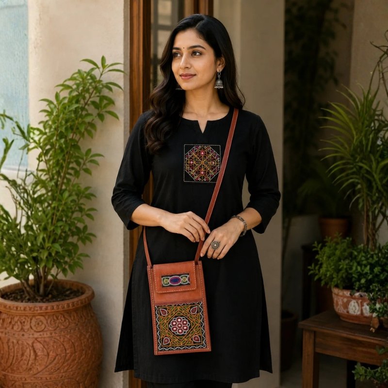 Ahir Work Pure Leather Leathercraft Hand Made Hand Embroidery Mobile Cover - 21 cms Height x - SKU : AB31A01A