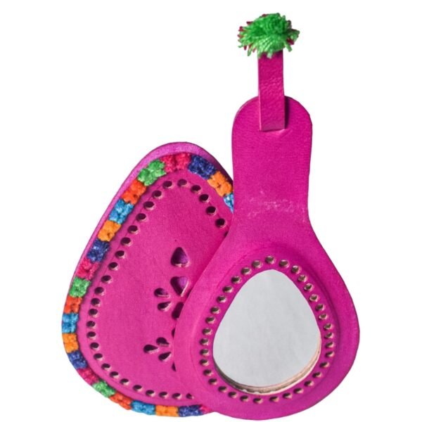 Leather Craft Punch Work Pure Leather Drop Shape Pure Leather Art Vanity Mirror - 17 cms Length - SKU : 0002-PKMC