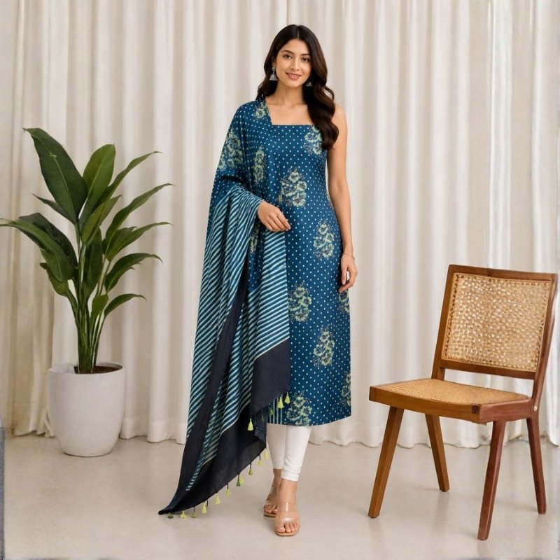 Ajrakh Modal Silk Natural Dye Hand Block Print Kurta-Dupatta (Two Piece Set) with Full Ajrakh Heavy Dupatta with Tassels - SKU : ID25701B
