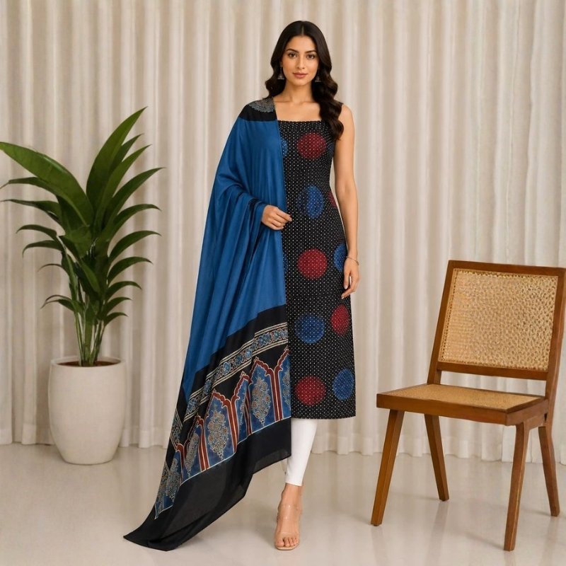 Ajrakh Modal Silk Part Natural Dye Plain Dyeing Ajrakh Border Dupatta Hand Block Print Kurta-Dupatta (Two Piece Set) with Tassels - 2.5 Mt Top - SKU : AI27801F