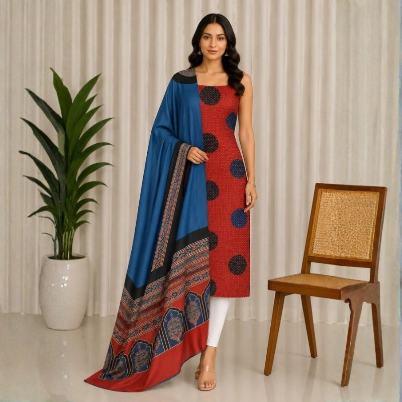 Ajrakh Modal Silk Part Natural Dye Plain Dyeing Ajrakh Border Dupatta Hand Block Print Kurta-Dupatta (Two Piece Set) with Tassels - 2.5 Mt Top - SKU : AI27801G