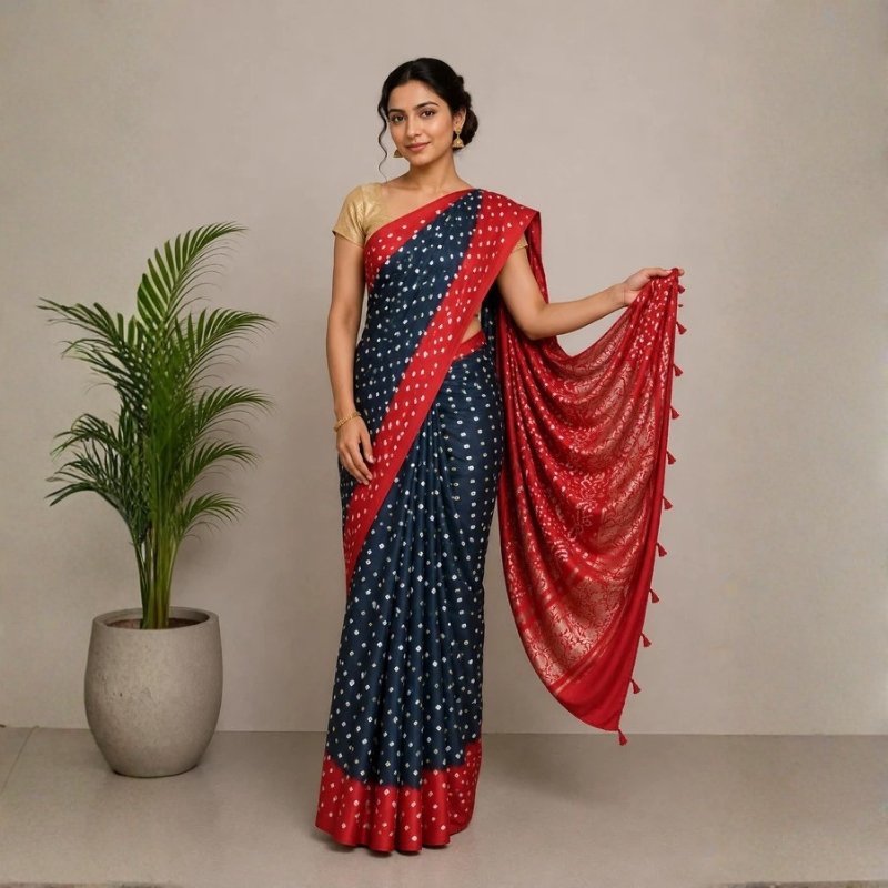 Bandhej [ Tie-Dye] Modal Silk Multi (Bandhej - Tie Dye) Pallu Saree with Golden Border - With Blouse Piece - 5.5 Mtr Length - SKU : ZD12A01A