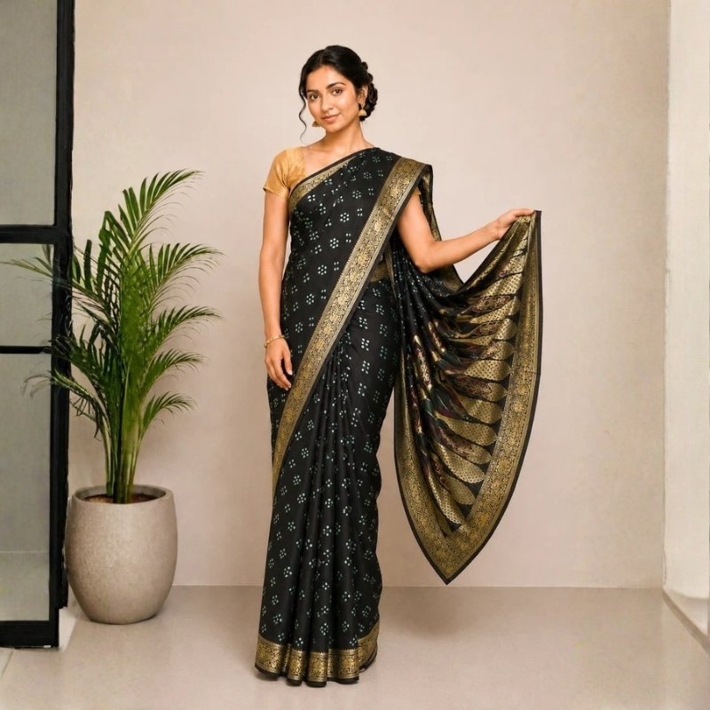 Bandhej [ Tie-Dye] Modal Silk Rai ( Fine) Bandhej Saree With Full nakshi Border & Pallu - 5.5 Mtr Length + 0.85 Mtr Blouse Piece - SKU : ZD11B01A