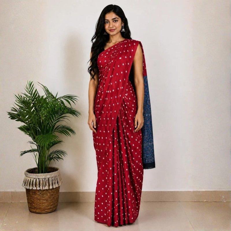 Bandhej [ Tie-Dye] Modal Silk Part Natural Dye Ajrakh Pallu Hand Block Print Saree With Ajrakh Blouse Piece - 5.5 Mtr Length - SKU : MS15601A