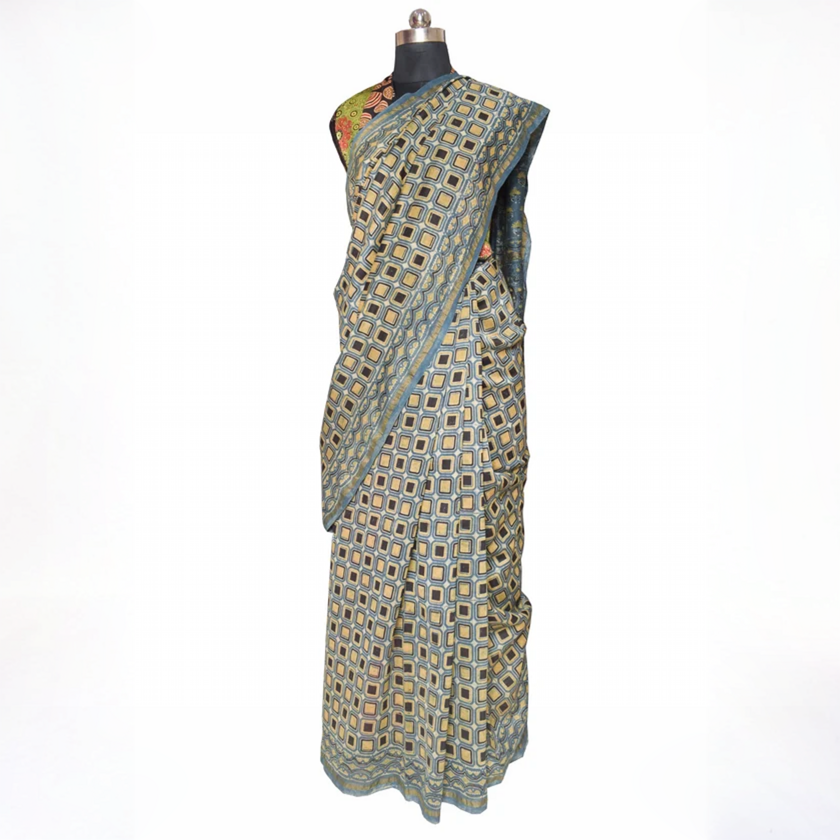 Ajrakh Chanderi Silk Natural Dye Hand Block Print Saree with Ajrakh Blouse Piece - 5.5 Mtr Length + 0.85 Mtr Blouse Piece - SKU : ID27904A - Image 4