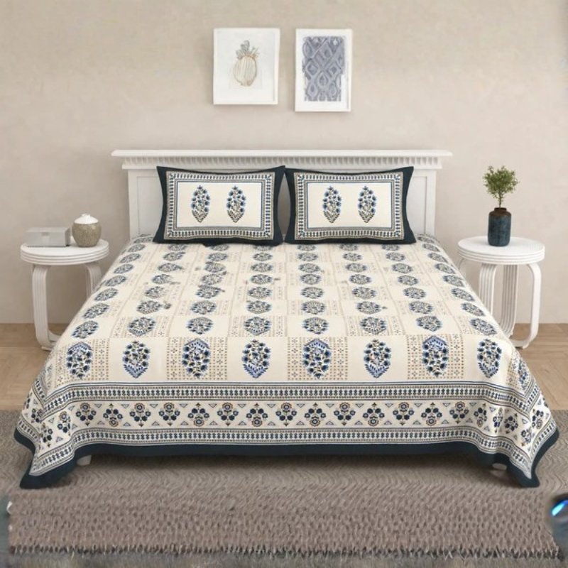 Ajrakh Cotton Natural Dye Kutchi Galicha Hand Block Print Bedsheet - Double King Size - 100 Inch Length - SKU : KD09602A