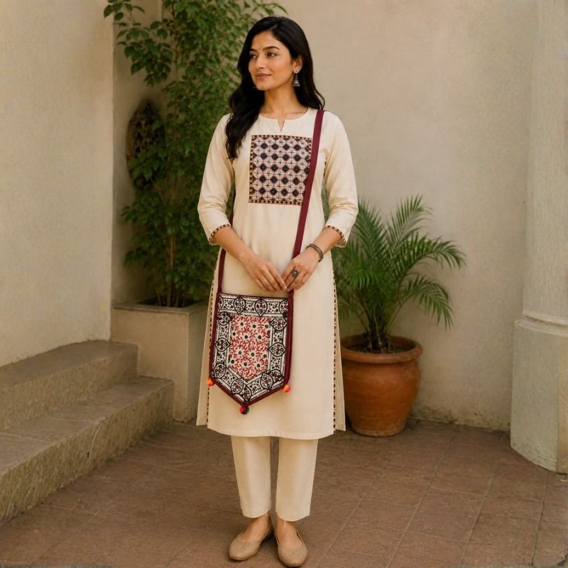 Bela Print Cotton Small Mirror Work Hand Block Print Shoulder Bag - 33 cms Length - SKU : KU28C02G