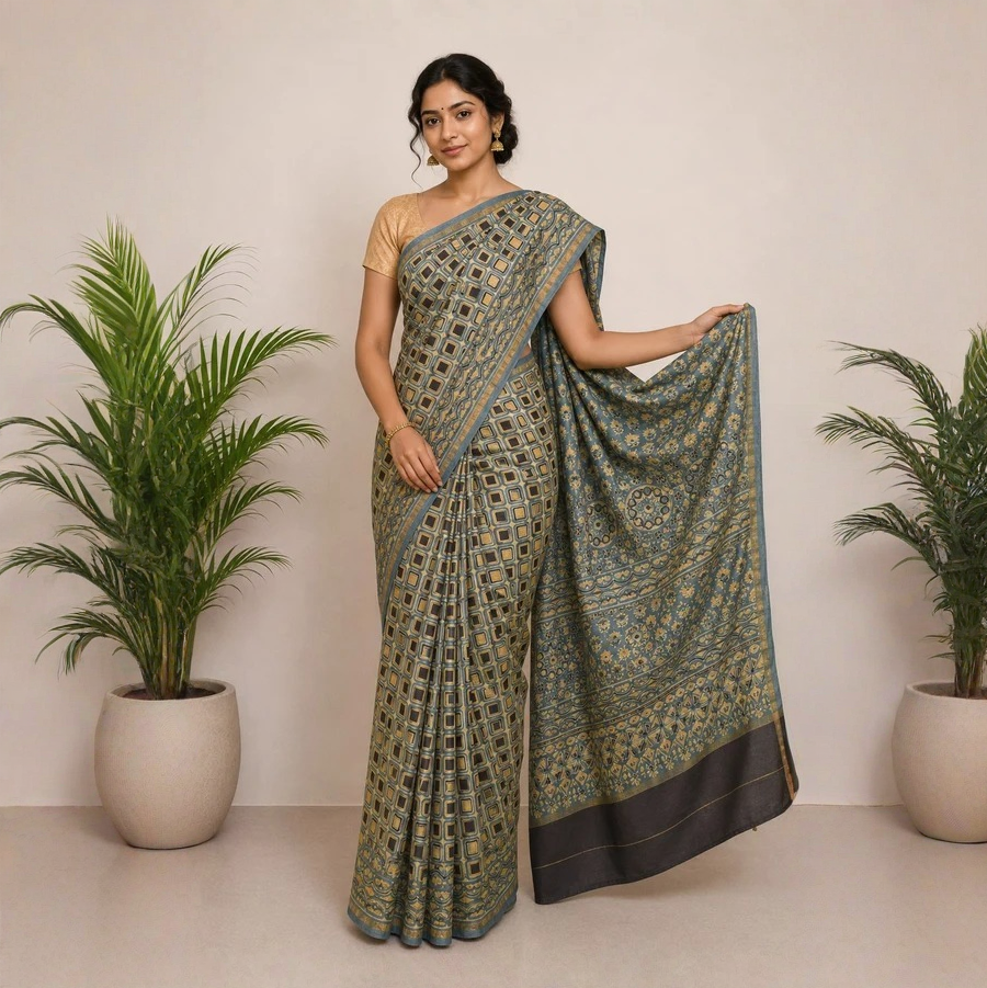 Ajrakh Chanderi Silk Natural Dye Hand Block Print Saree with Ajrakh Blouse Piece - 5.5 Mtr Length + 0.85 Mtr Blouse Piece - SKU : ID27904A