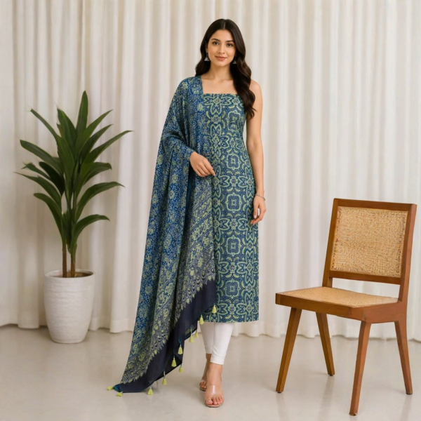 Ajrakh Modal Silk Natural Dye Hand Block Print Kurta-Dupatta (Two Piece Set) with Full Ajrakh Heavy Dupatta with Tassels - SKU : ID31701D