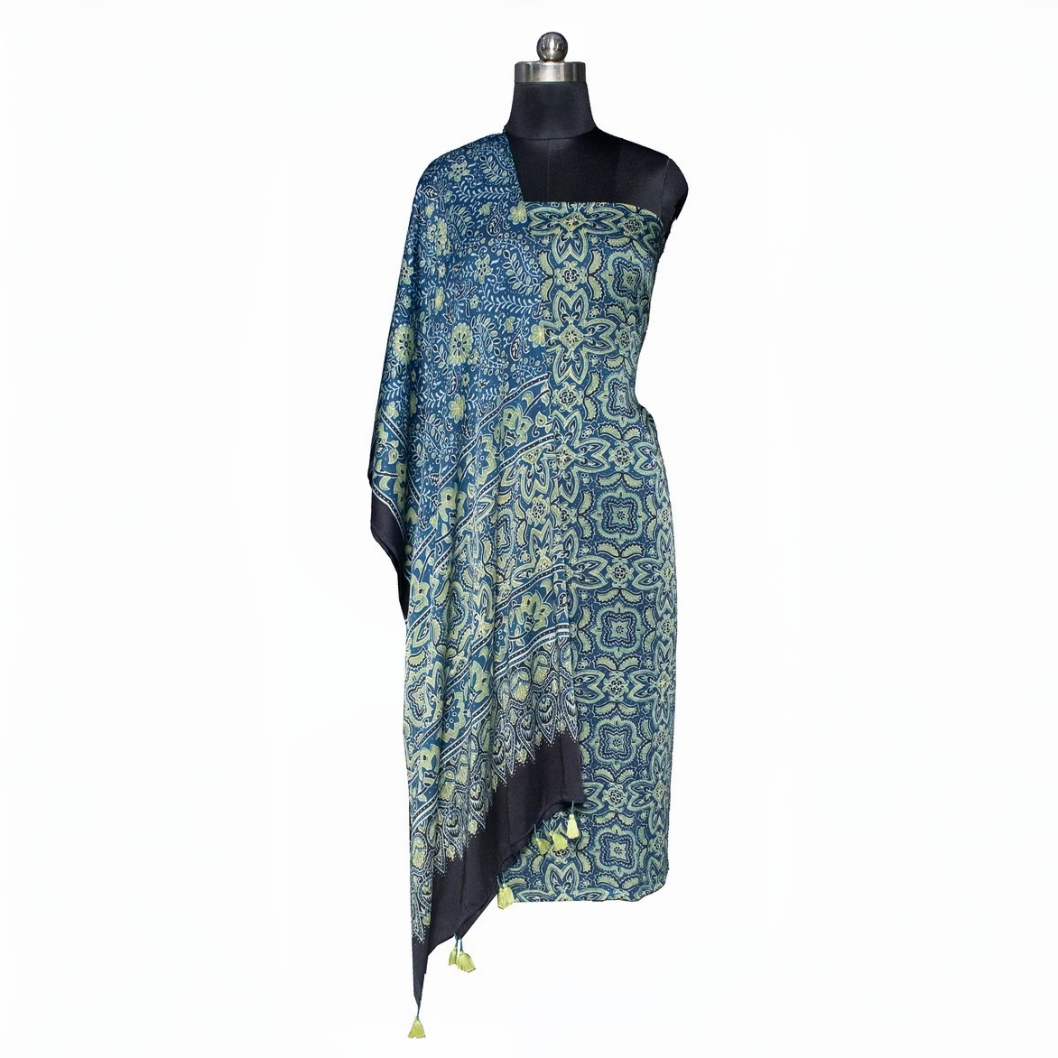 Ajrakh Modal Silk Natural Dye Hand Block Print Kurta-Dupatta (Two Piece Set) with Full Ajrakh Heavy Dupatta with Tassels - SKU : ID31701D - Image 2