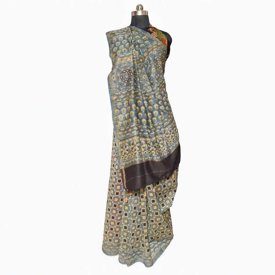 Ajrakh Chanderi Silk Natural Dye Hand Block Print Saree with Ajrakh Blouse Piece - 5.5 Mtr Length + 0.85 Mtr Blouse Piece - SKU : ID27904A - Image 2