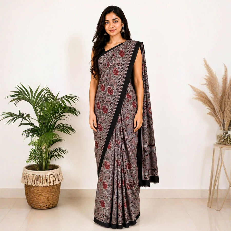 Ajrakh Modal Silk Natural Dye Hand Block Print Saree with Blouse Piece - 5.5 Mtr Length - SKU : SI03601R
