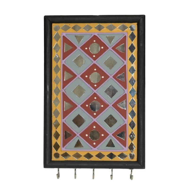 Lippan Kam Wooden Traditional Kutch Handicraft Mud-Mirrorwork Lippan Kam Wall Art Key Holder (Water and Break Resistant) - 9 Inch Length - SKU : 0002-YEBK