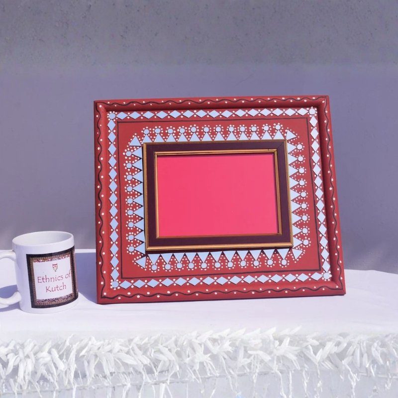 Lippan Kam Wooden Traditional Kutch Handicraft Mud-Mirrorwork Lippan Kam Wall Art Photo Frame (Water and Break Resistant) - 12 inch Length - SKU : 0002-MRBK