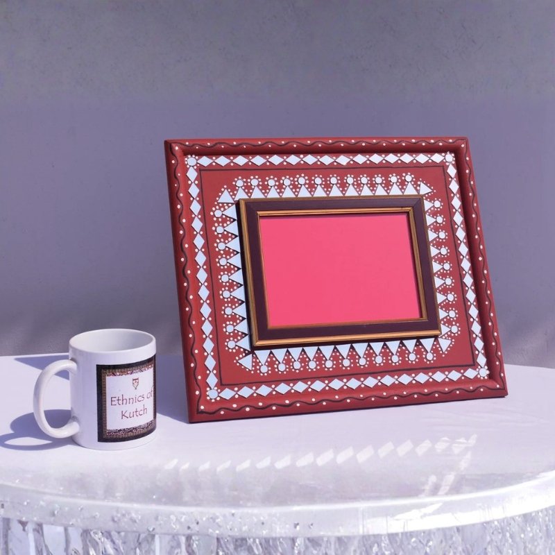 Lippan Kam Wooden Traditional Kutch Handicraft Mud-Mirrorwork Lippan Kam Wall Art Photo Frame (Water and Break Resistant) - 12 inch Length - SKU : 0002-MRBK - Image 2