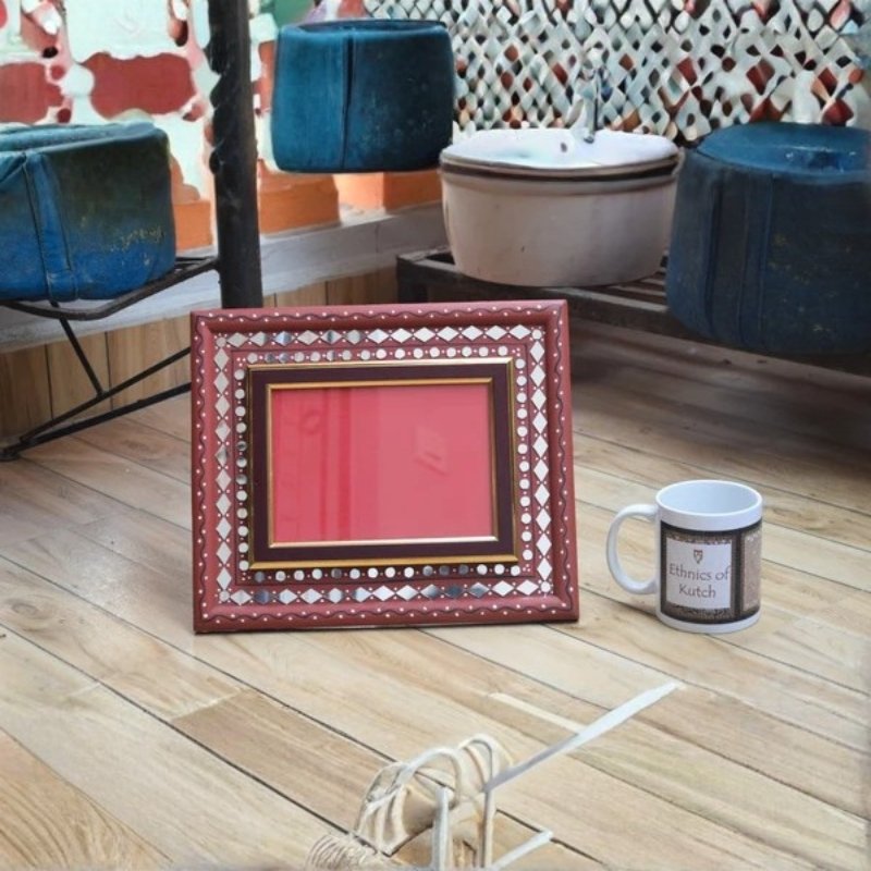 Lippan Kam Wooden Traditional Kutch Handicraft Mud-Mirrorwork Lippan Kam Wall Art Photo Frame (Water and Break Resistant) - 10 inch Length - SKU : 0001-MRBK
