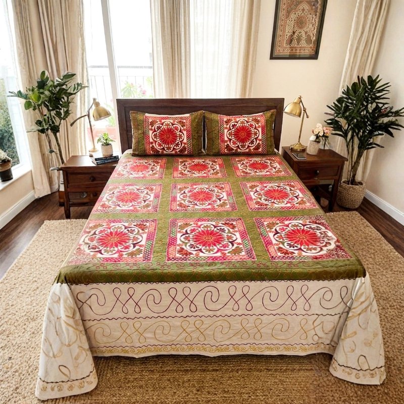 Machine Embroidery Cotton Double Bedsheet - Double - 7 Feet Length - SKU : NC09A04A