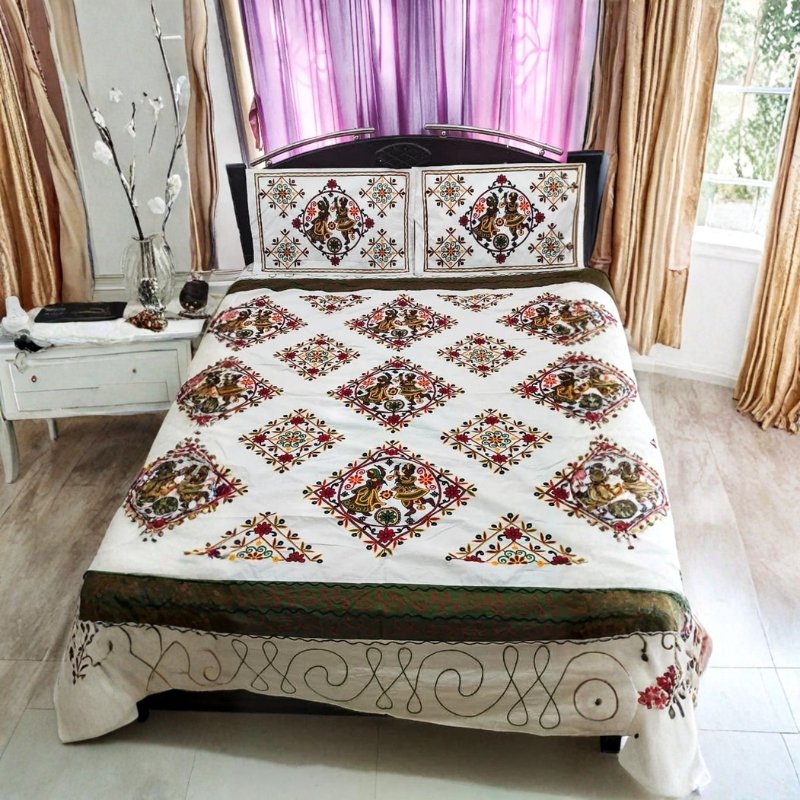 Machine Embroidery Cotton Double Bedsheet - Double - 7 Feet Length - SKU : NC19401A