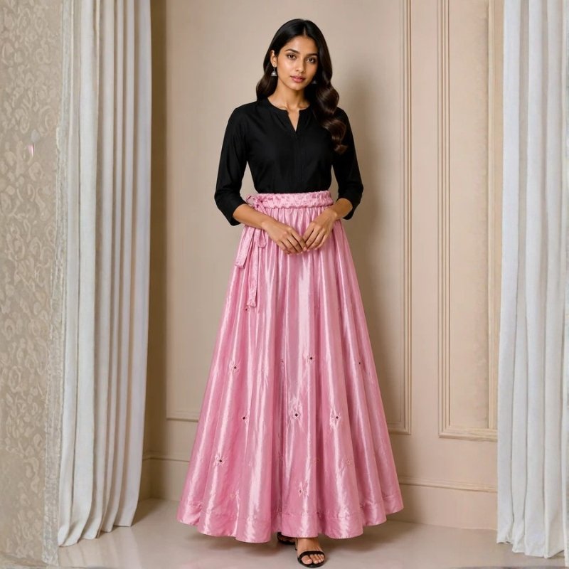 Mirror Work Mashru Silk Square Shape Mirror Work Garba Skirt - SKU: EK13903C