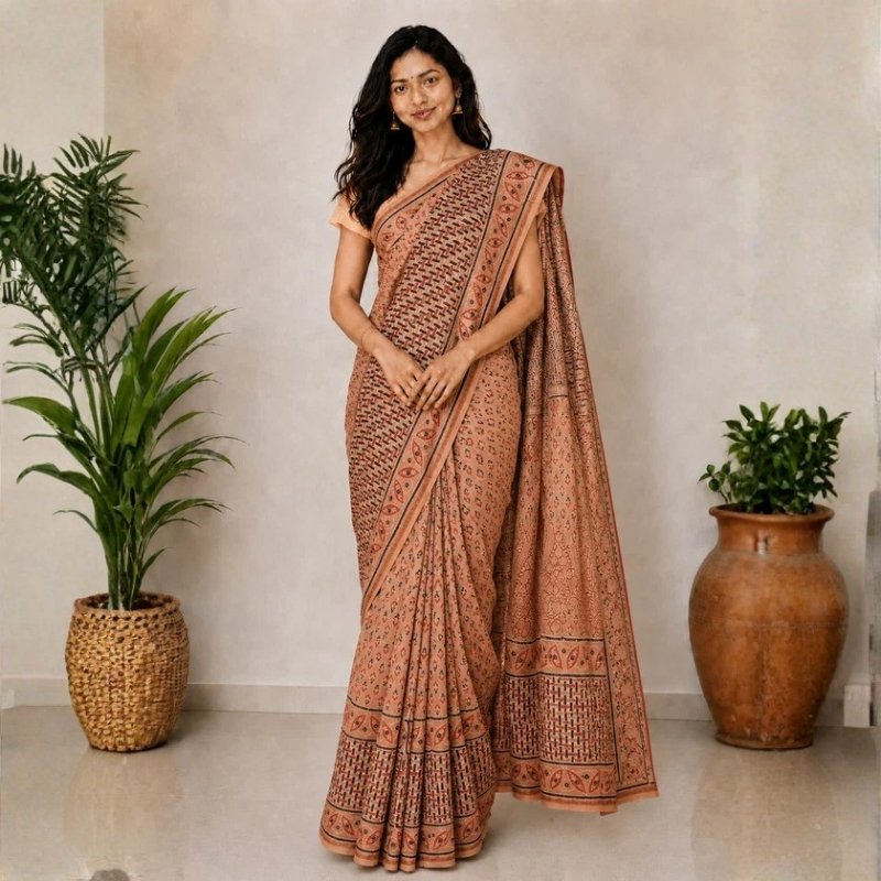 Ajrakh Chanderi Silk Natural Dye Hand Block Print Saree with Blouse Piece - 5.5 Mtr Length - SKU : JB01801D