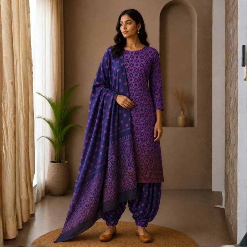 Wax Batik Cotton Ombre dyeing Hand Block Print Dress Material with 44 Inch wide Dupatta - 2.5 Mtr Length - SKU : RA04801E