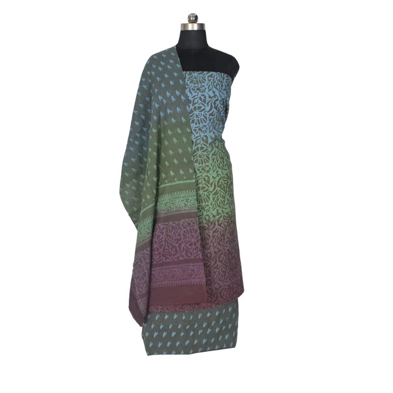 Wax Batik Cotton Ombre dyeing Hand Block Print Dress Material with 44 Inch wide Dupatta - 2.5 Mtr Length - SKU : RA04801H - Image 2