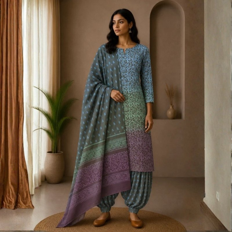 Wax Batik Cotton Ombre dyeing Hand Block Print Dress Material with 44 Inch wide Dupatta - 2.5 Mtr Length - SKU : RA04801H