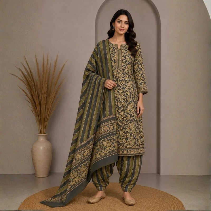 Wax Batik Cotton Three Colour Full Printed Hand Block Print Dress Material with 44 Inch wide Dupatta - 2.5 Mt Top - SKU : RA0540AG