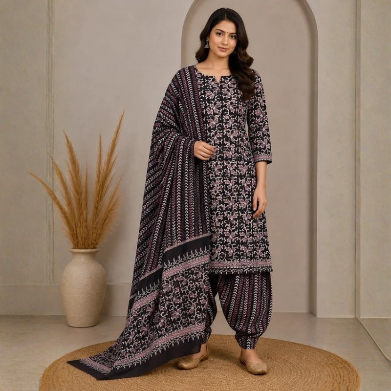 Wax Batik Cotton Three Colour Full Printed Hand Block Print Dress Material with 44 Inch wide Dupatta - 2.5 Mt Top - SKU : RA2160AP