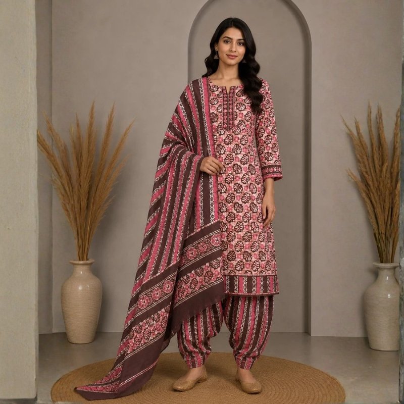 Wax Batik Cotton Three Colour Full Printed Hand Block Print Dress Material with 44 Inch wide Dupatta - 2.5 Mt Top - SKU : RA05401Z